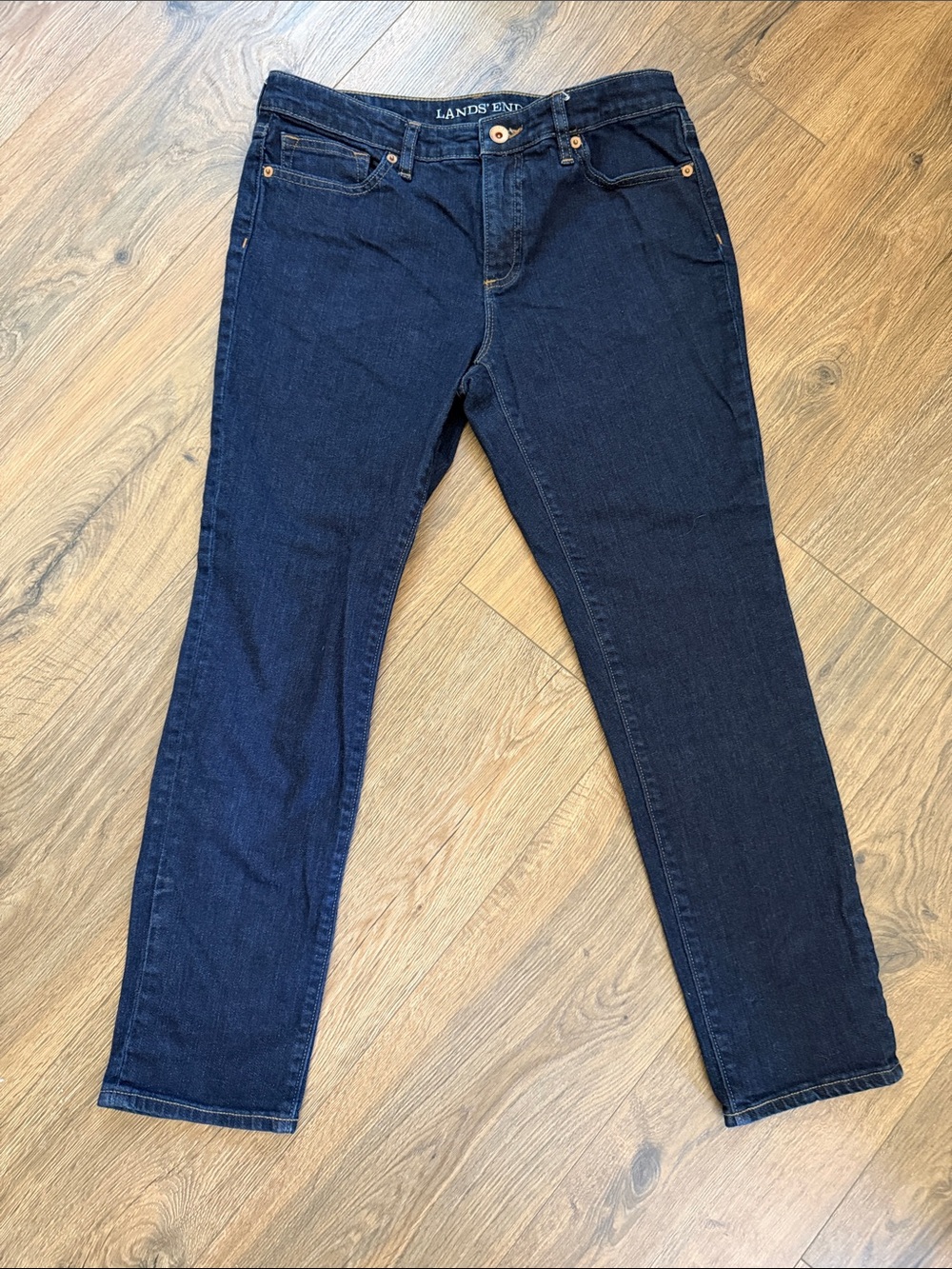 LandsEnd Slim MidRise 8P JEANS 31x27.5” Rise8.5” DarkWash Stretch LikeNew